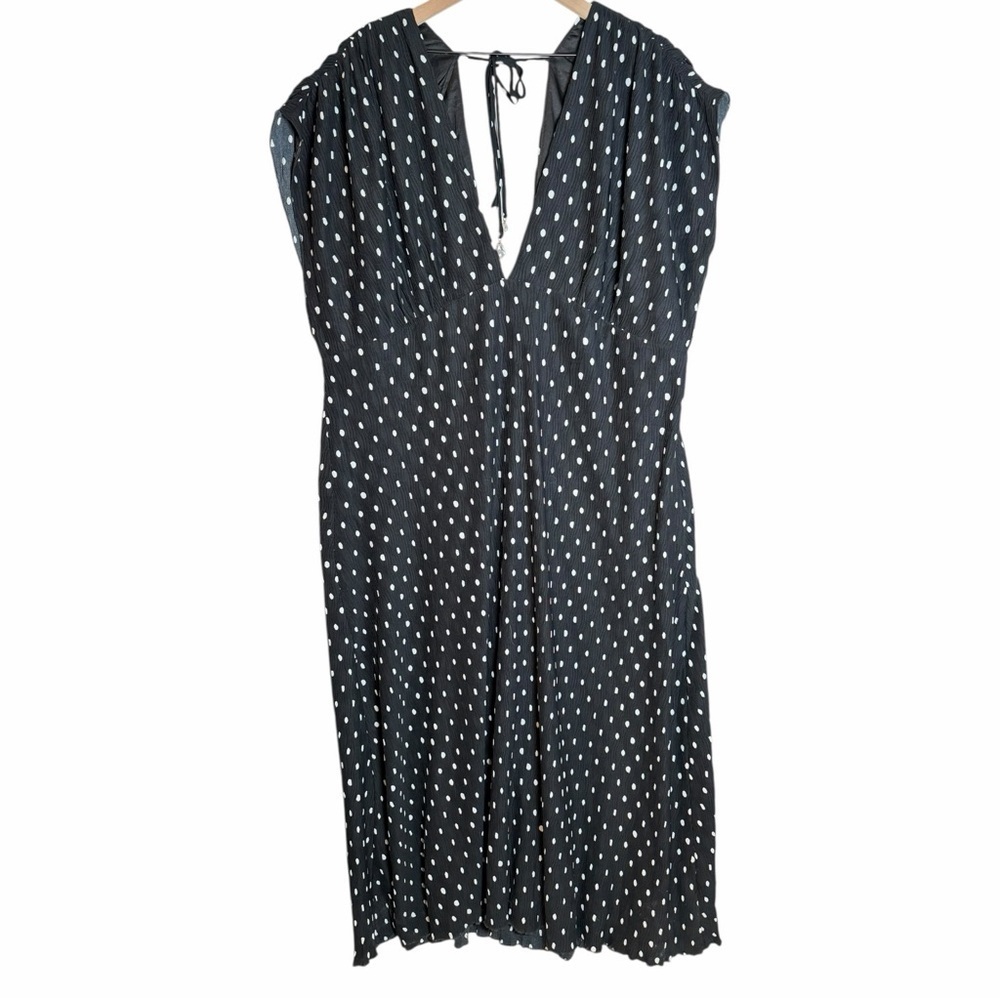 En Saison Darlene Midi Dress Polka Dot Black White Tie Back Deep V | Plus 3X - Picture 4 of 14